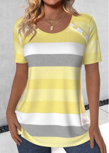Modlily Light Yellow Button Striped Short Sleeve T Shirt - XXL