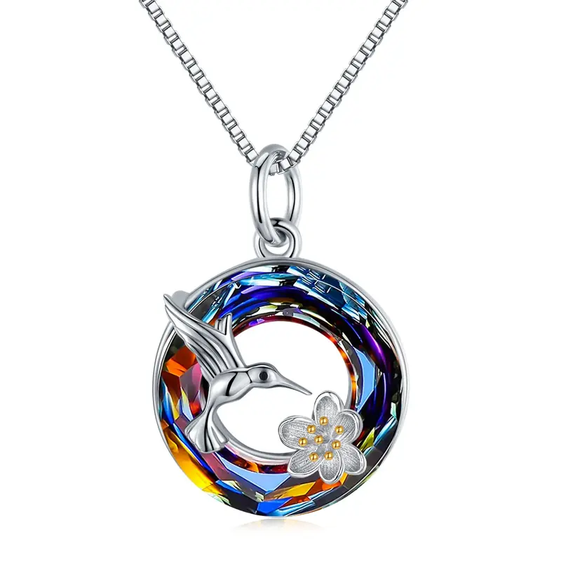 Sterling Silver Two-tone Hummingbird & Daisy Crystal Pendant Necklace