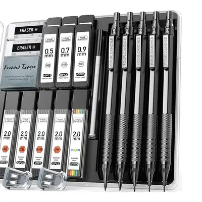 Four Candies Back to School 5PCS Metal Art Mechanical Pencil Set 3PCS Drafting Pencils 0.5 0.7 0.9MM & 2PCS 2MM with 420PCS L...