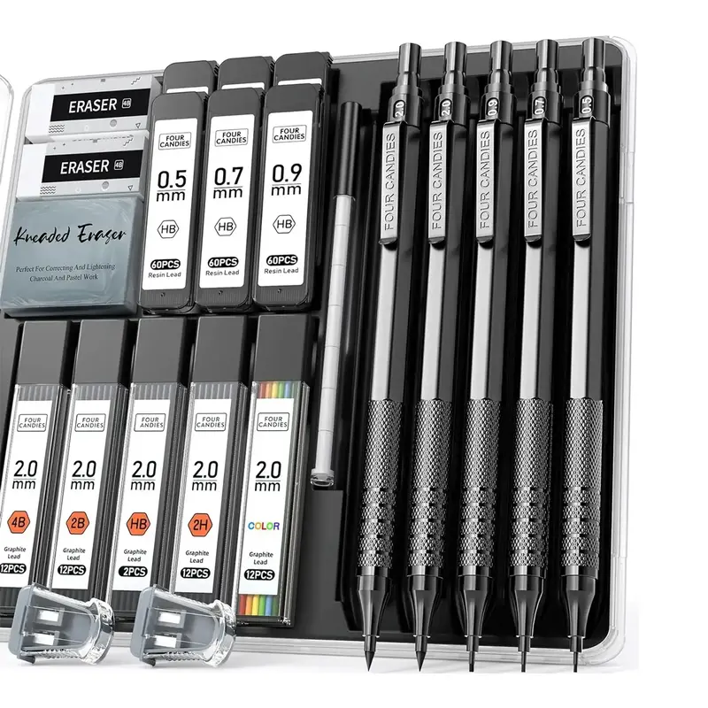 Four Candies Back to School 5PCS Metal Art Mechanical Pencil Set 3PCS Drafting Pencils 0.5 0.7 0.9MM & 2PCS 2MM with 420PCS L...
