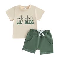 Infant Newborn Baby Boy Summer Clothes Short Sleeve Auntie's Lil Dude Tshirt Tops Solid Jogger Shorts Set Toddler 2 Piece Cas...