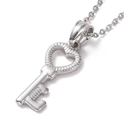 Non-Tarnish 304 Stainless Steel Heart Skeleton Key Pendant Necklace for Women