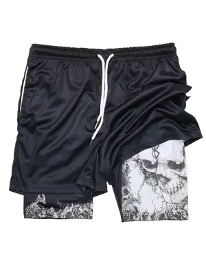 Men's Skull Graphic Print Pocket Drawstring Waist 2 in 1 Shorts, Regular Fit Casual Comfy Breathable Shorts for Summer, Summe...