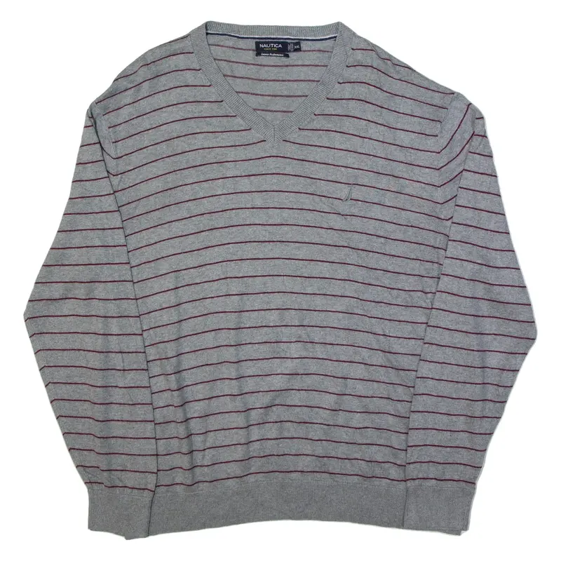 NAUTICA Patterned Jumper Grey Striped Tight Knit V-Neck Mens 2XL