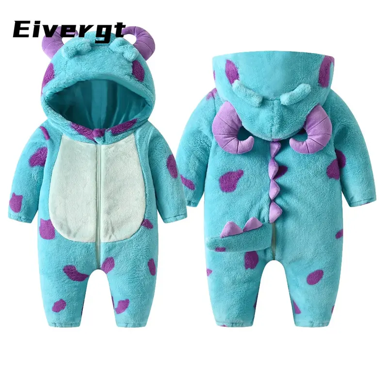 Infant Fleece Jumpsuit Cartoon Animal Horn Hooded Warm Thicken Winter Rompers Outwear Snowsuit for Baby Girls and Boys