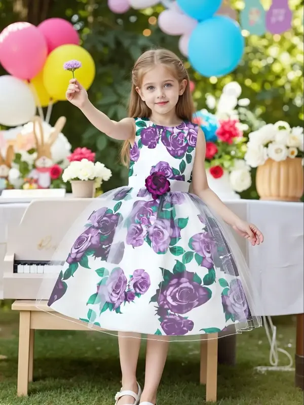 Girl's Floral Print Contrast Mesh Satin Dress, Elegant A Line Dress for Party Performance Wedding Guest, Kids Clothes for All...