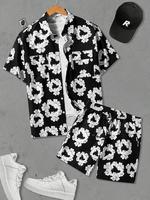 Men's Floral Print Shirt & Shorts Set, Regular Fit Casual Short Sleeve Button Top & Shorts, Men's Summer Outfits Set for Beac...