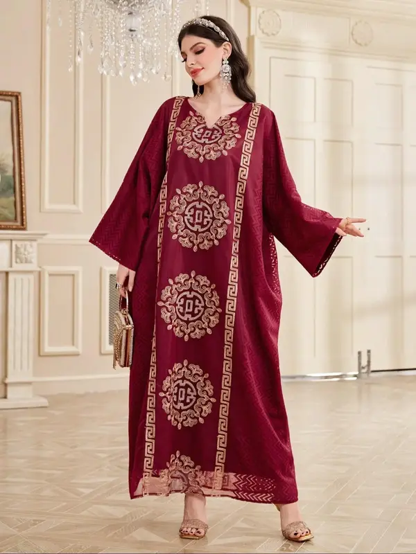 Women's Ethnic Pattern Embroidery Long Sleeve Abaya, Modest Loose Abayas for Women, Women's Islamic Clothing for All Seasons