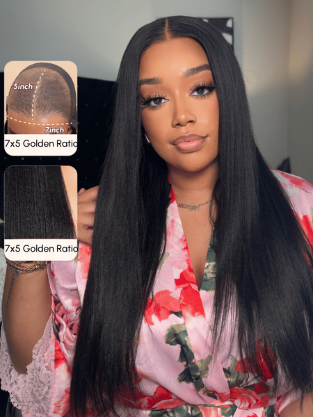 Bye Bye Knots Wig 7x5 Glueless Lace Black Yaki Wig With Bleached Knots