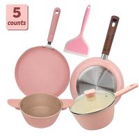 Pink Girly Non Stick Cookware Set, 4/5pcs Frying Pans Pots Set for Kitchen Home, All Stoves Available, Gift for Girl, Mom, Fr...