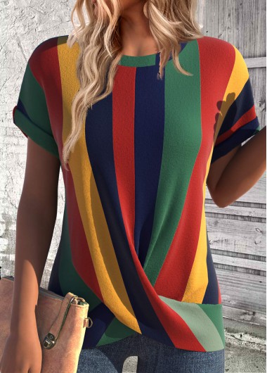 Modlily Multi Color Cross Hem Short Sleeve T Shirt - M