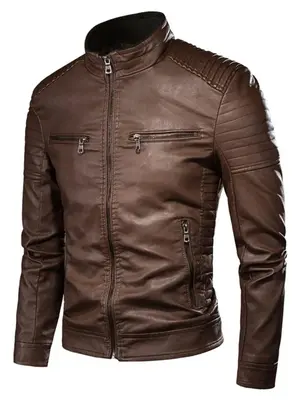 Men's Regular Fit Solid Pocket Zipper PU Faux Leather Jacket, Casual Long Sleeve Stand Collar Outerwear for Fall & Winter, Me...