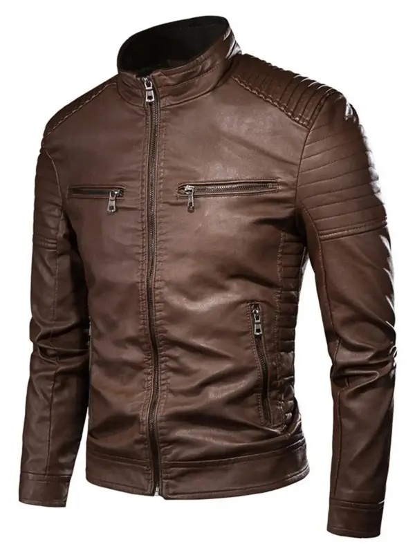 Men's Regular Fit Solid Pocket Zipper PU Faux Leather Jacket, Casual Long Sleeve Stand Collar Outerwear for Fall & Winter, Me...