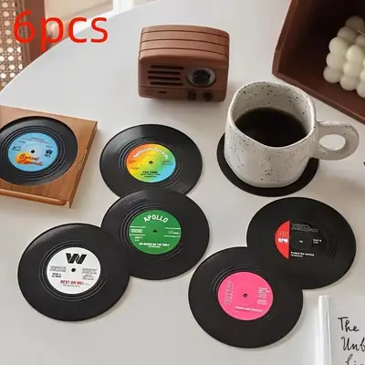 Retro Disc Design Drink Coaster, 6pcs/Set Creative Heat Resistant Non-slip Cup Pads For Home Kitchen Party Table Decor, Ki...