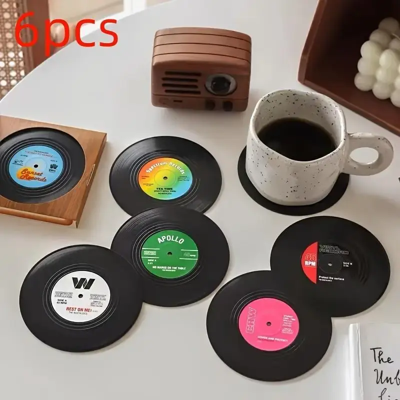 Retro Disc Design Drink Coaster, 6pcs/Set Creative Heat Resistant Non-slip Cup Pads For Home Kitchen Party Table Decor, Ki...