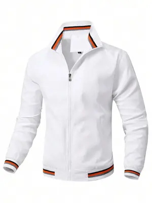 Men's Striped Print Zip Up Jacket, Regular Fit Casual Long Sleeve Stand Collar Outerwear for Spring & Fall, Fashion Men's Clo...