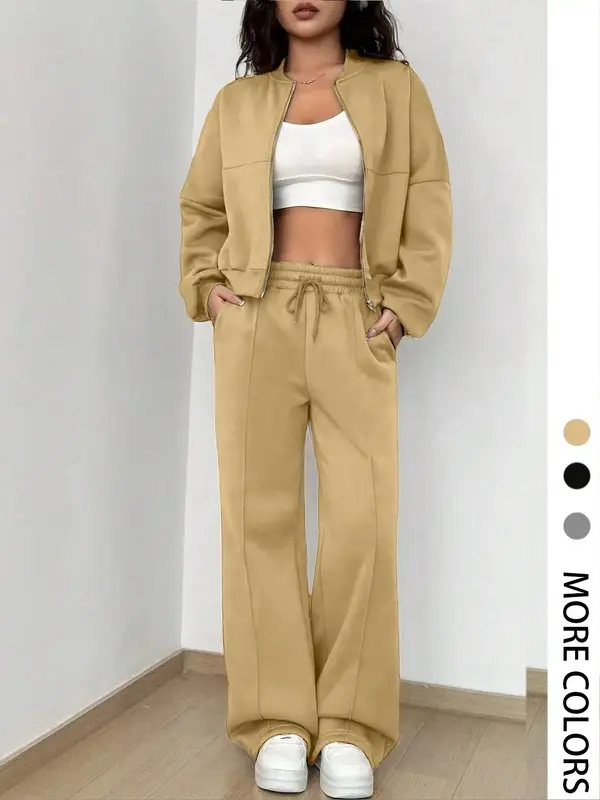 Women's Solid Zip Up Crop Jacket & Drawstring Waist Pants Two-piece Set, Casual Fashion Drop Shoulder Long Sleeve Top & High ...