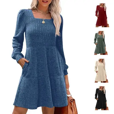 WIHOLL Womens Square Neck Long Sleeve Fall Dresses Casual Babydoll Sweater Dress