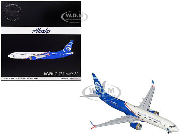 Boeing 737 MAX 8 Commercial Aircraft Alaska Airlines - Honoring Those Who Serve (N806AK) White and Blue Gemini 200 Series...