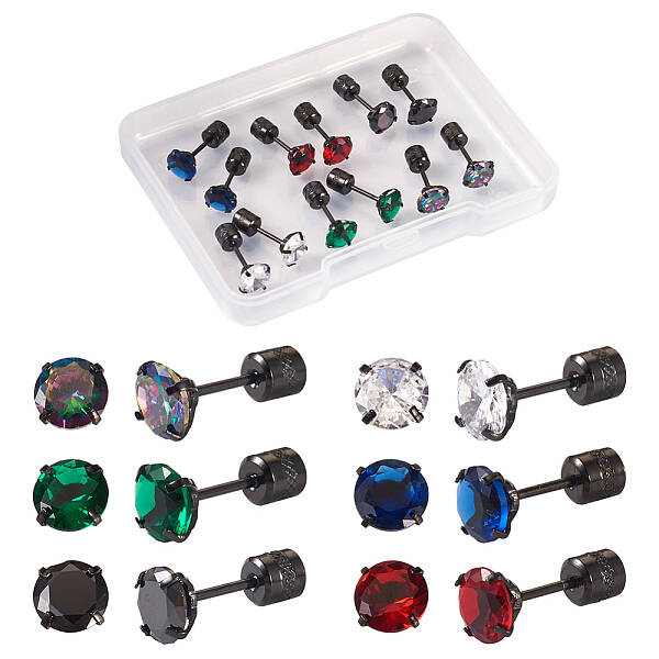 12Pcs 6 Colors Cubic Zirconia Diamond Stud Earrings