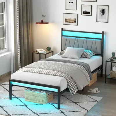 CollaredEagle Twin/Full Size Bed Frame with Charging Station, Metal Platform Bed Frame with Fabric Upholstered Headboard, No ...