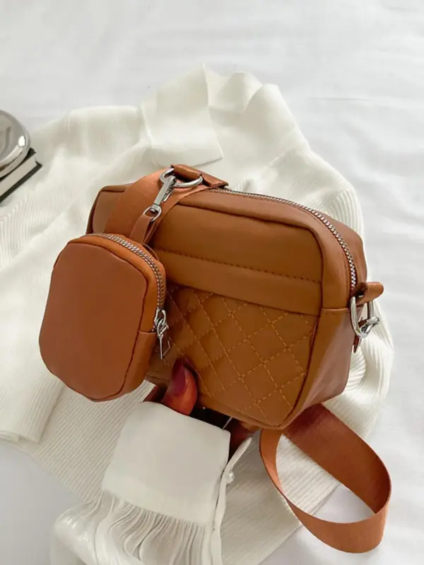 Women's 2 in 1 Fashionable Plain Quilted Pu Leather Crossbody Bag, Large Capacity Casual Small Square Bag, with Coin Purse, F...