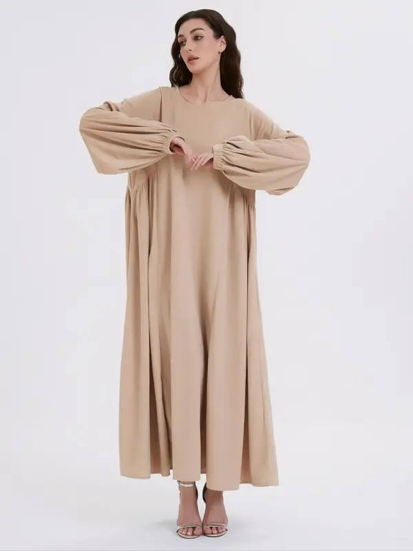 Women's Solid Bishop Sleeve Long Dress, Modest Long Sleeve Round Neck Dress for Daily Wear, Ladies Clothes for All Seasons