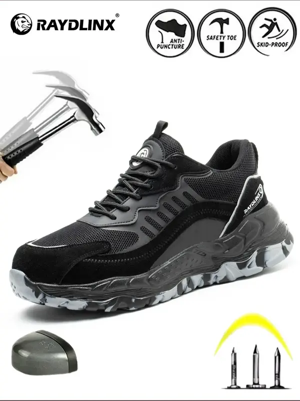 Men's Colorblock Lace Up Work Safety Shoes, Lightweight Breathable Comfortable Anti-slip Safety Shoes, Anti-skid Work Shoes