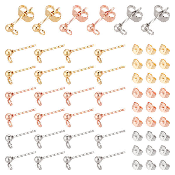 UNICRAFTALE 60pcs 3 Colors 3mm Ball Stud Earrings Stainless Steel Earring Post Ear Stud with Earring Backs for DIY Jewellery ...