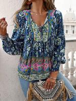Women's All Over Floral Print Tie Front Long Sleeve Blouse, Boho Casual Elegant V Neck Longsleeves Bishop Sleeve Frill Trim T...
