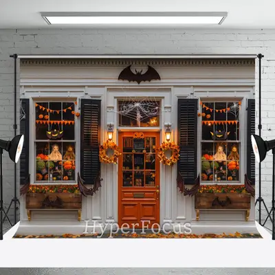 White Grey Halloween Store Bats Porch Photo Backdrop - Aperturee