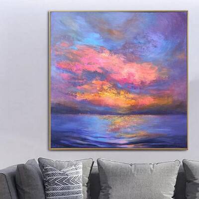 Large Original Oversized Painting Blue Artwork Purple Painting Pink Canvas Art Ocean Modern Art Landscape Painting Canvas Pai...