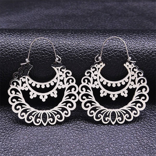 Non-Tarnish 304 Stainless Steel Hollow Flower Hoop Earrings