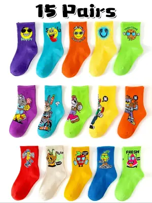 Boys' Cartoon Print Crew Socks, Cute Comfy Breathable Socks for Daily Wear, Kids Socks for All Seasons