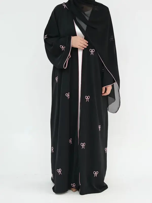 Women's Bow Embroidery Abaya without Hijab, Elegant Long Sleeve Open Front Abaya for Women, Fashion Islamic Clothing for Dail...
