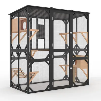 Garvee 70 Large Catio with Window Access, Outdoor Walk-in Cat Enclosure for Cats, Wooden Cat Patio with Asphalt Roof, Platfo...