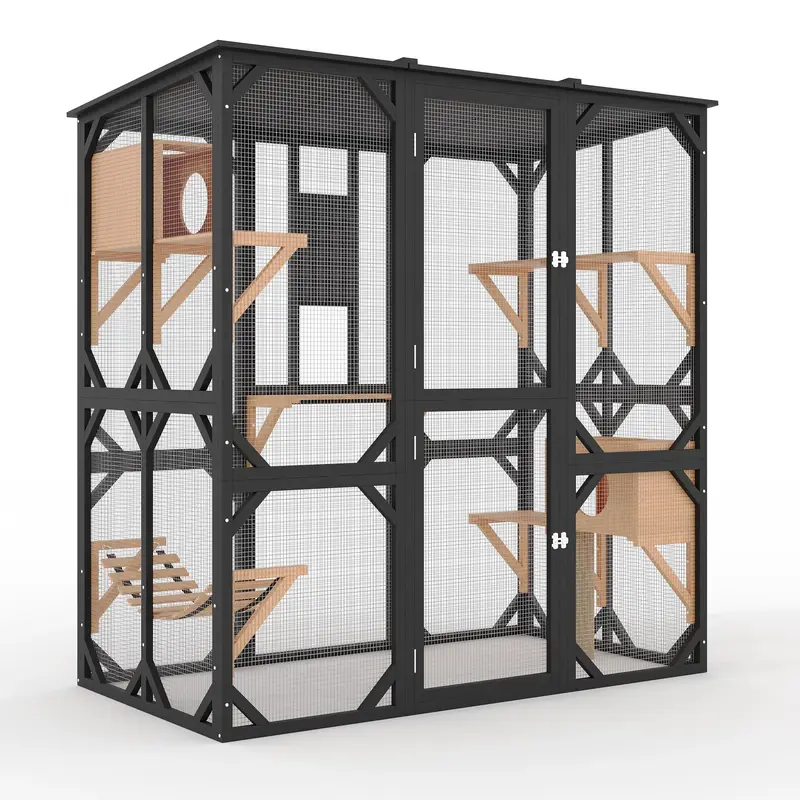 Garvee 70 Large Catio with Window Access, Outdoor Walk-in Cat Enclosure for Cats, Wooden Cat Patio with Asphalt Roof, Platfo...