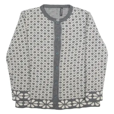 TENDRESSE Womens Patterned Cardigan Grey Diamond Button Neck Tight Knit Wool M