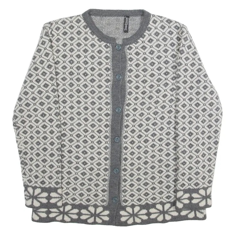 TENDRESSE Womens Patterned Cardigan Grey Diamond Button Neck Tight Knit Wool M