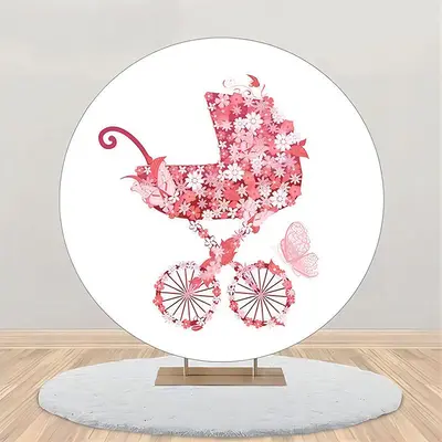 Circle Pink Floral Stroller Baby Shower Backdrop - Aperturee