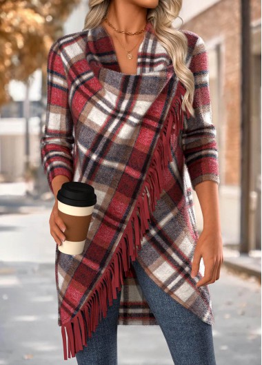 Modlily Red Tummy Coverage Plaid Long Sleeve Draped Neck Coat - XL