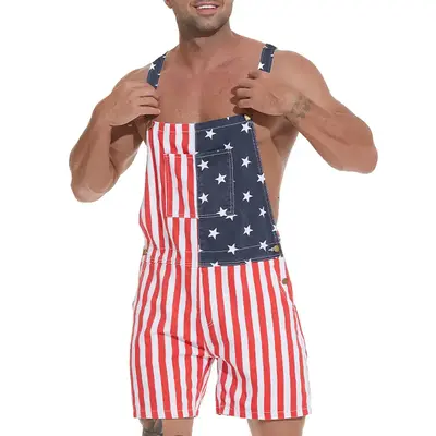 Bindefon American Flag Overalls Shorts 4th of July Jumpsuits Romper Work Bibs Coveralls Gifts for Men, Fashion Menswear