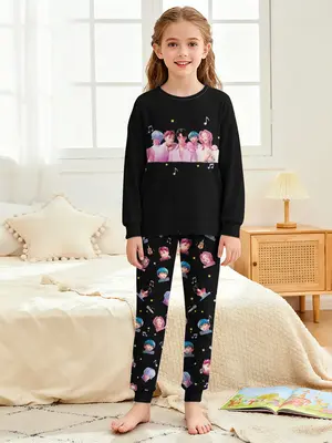 Girls' Long Sleeve Pants Set, K-Pop Saja Boys Print, Halloween Costume, Casual Loose Fit, All Seasons Wear, Trendy Teen