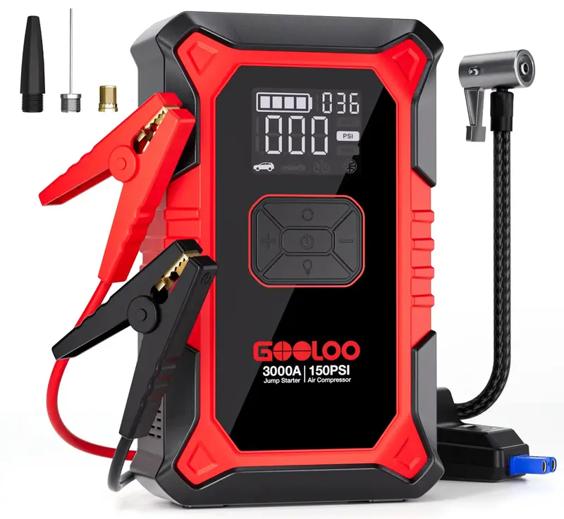 GOOLOO A3 Portable Car Jump Starter with Air Compressor, 3000A Car Battery Jump Starter (9.0 Gas/6.5L Diesel) with 150PSI Dig...
