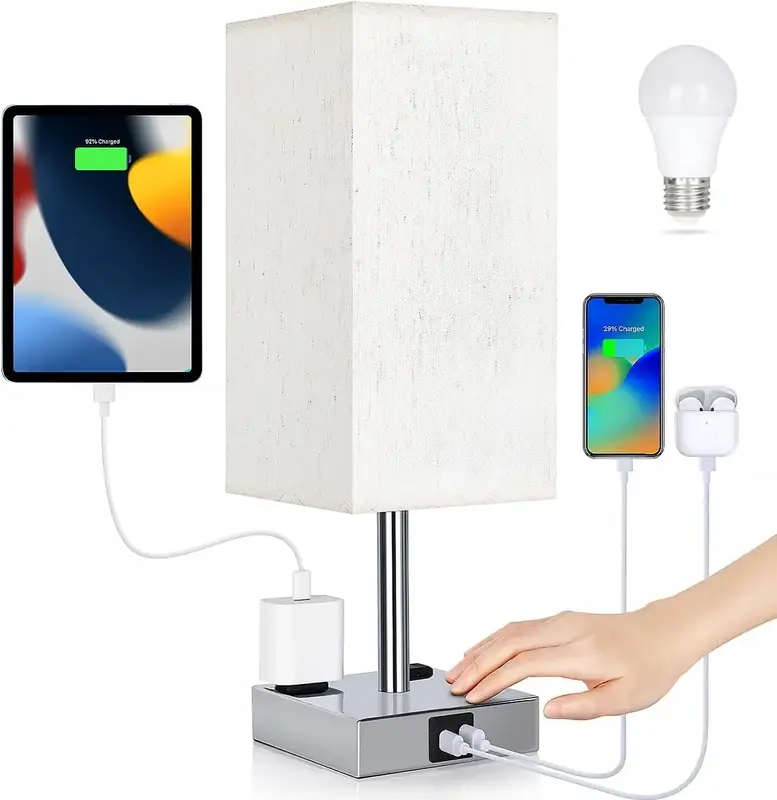 Touch Control Bedside Lamp - 3 Way Dimmable with USB C+A Charging, AC Outlets & LED Bulb Included nightstand lamp lamps Light...