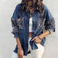 ChicMe Women's Turn-down Collar Contrast Sequin Long Sleeve Fringe Hem Denim Jacket Casual Coat