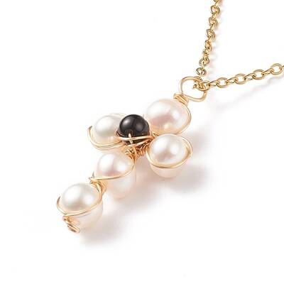 Natural Obsidian & Pearl Braided Cross Pendant Necklace