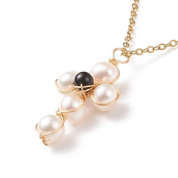 Natural Obsidian & Pearl Braided Cross Pendant Necklace
