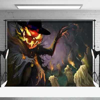 Scary Pumpkin Ghost Cemetery Happy Halloween Backdrop