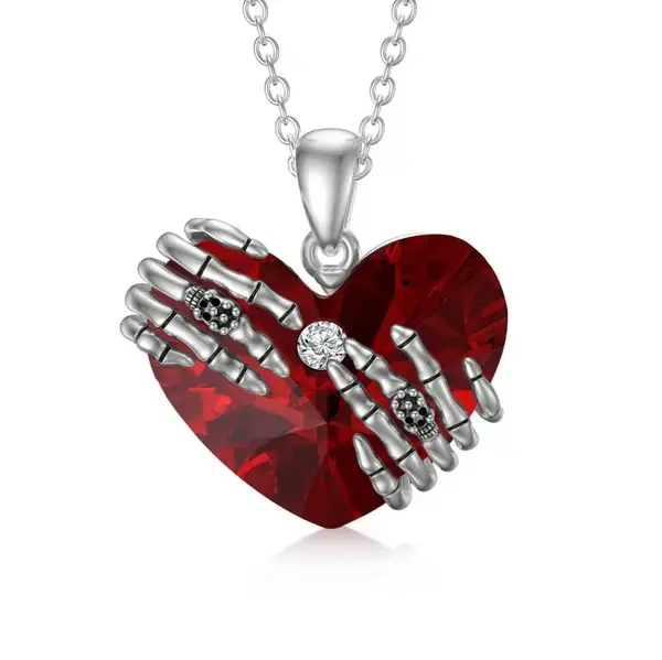 Sterling Silver Skull With Ruby Heart Crystal Pendant Necklace For Women
